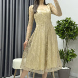 Gold Square Neckline Sequined Embroidered Flounce Evening Dress