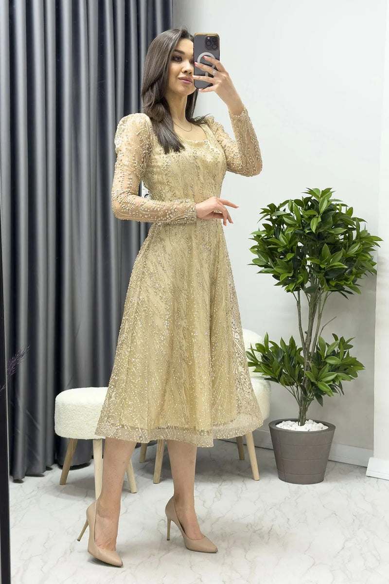 Women's Gold Square Neck Glitter Embroidered Flared Evening Gown