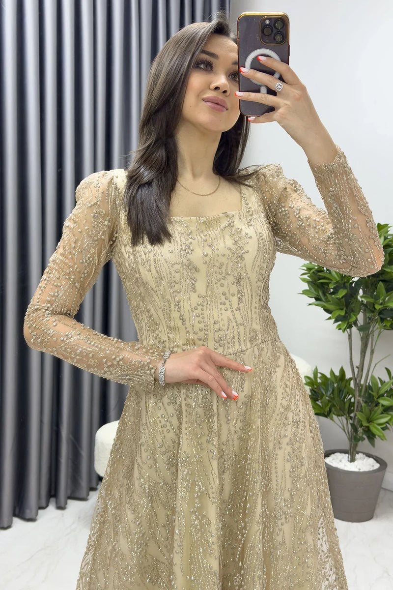 Women's Gold Square Neck Glitter Embroidered Flared Evening Gown