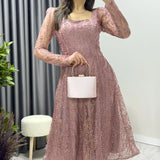 Powder Pink Square Neck Glitter Embroidered Flared Evening Dress