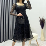 Black Square Neck Glitter Embroidered Flared Evening Dress
