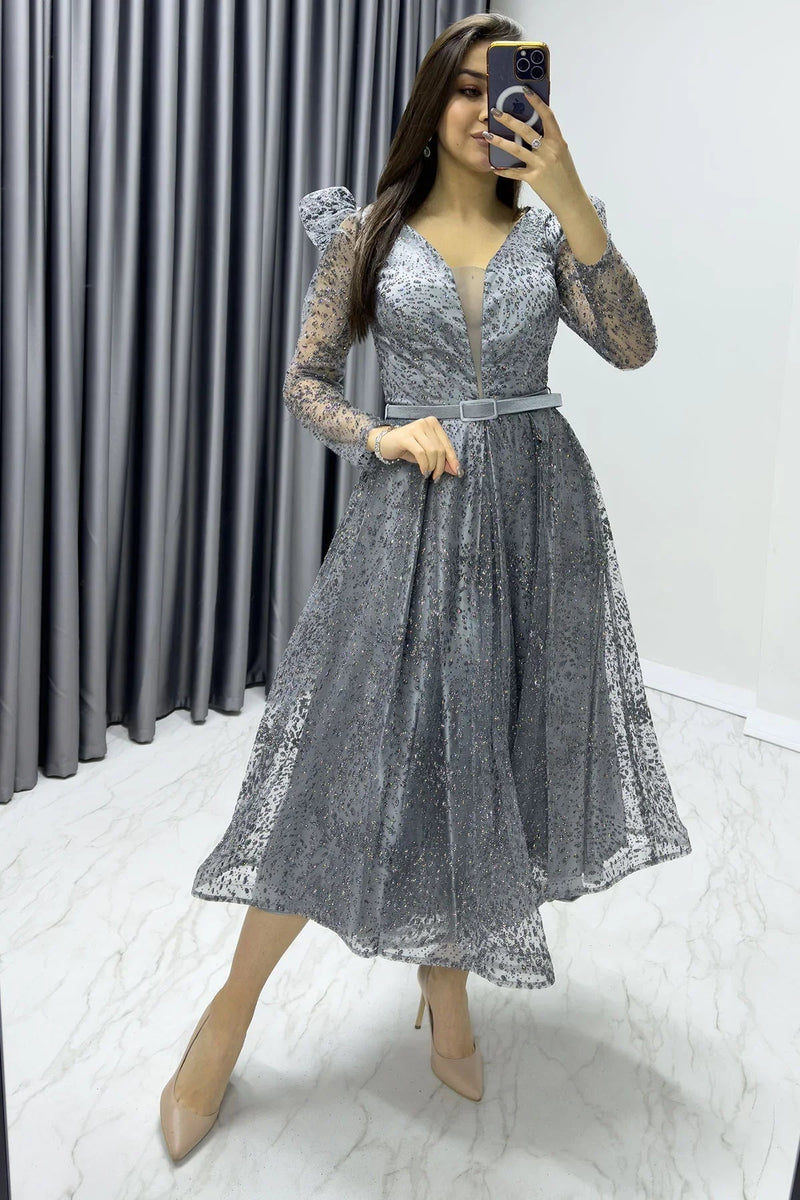 Women's Gray Gloplu Flared Belted Evening Gown