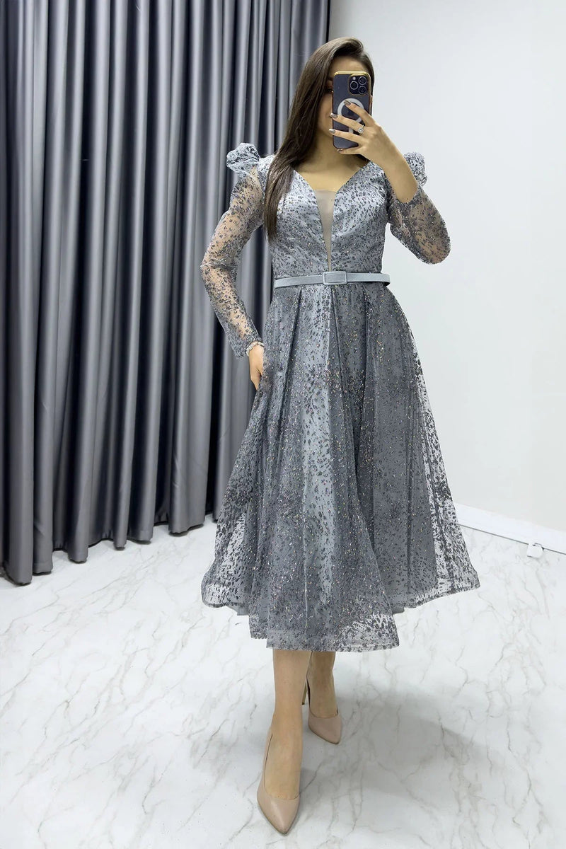 Women's Gray Gloplu Flared Belted Evening Gown