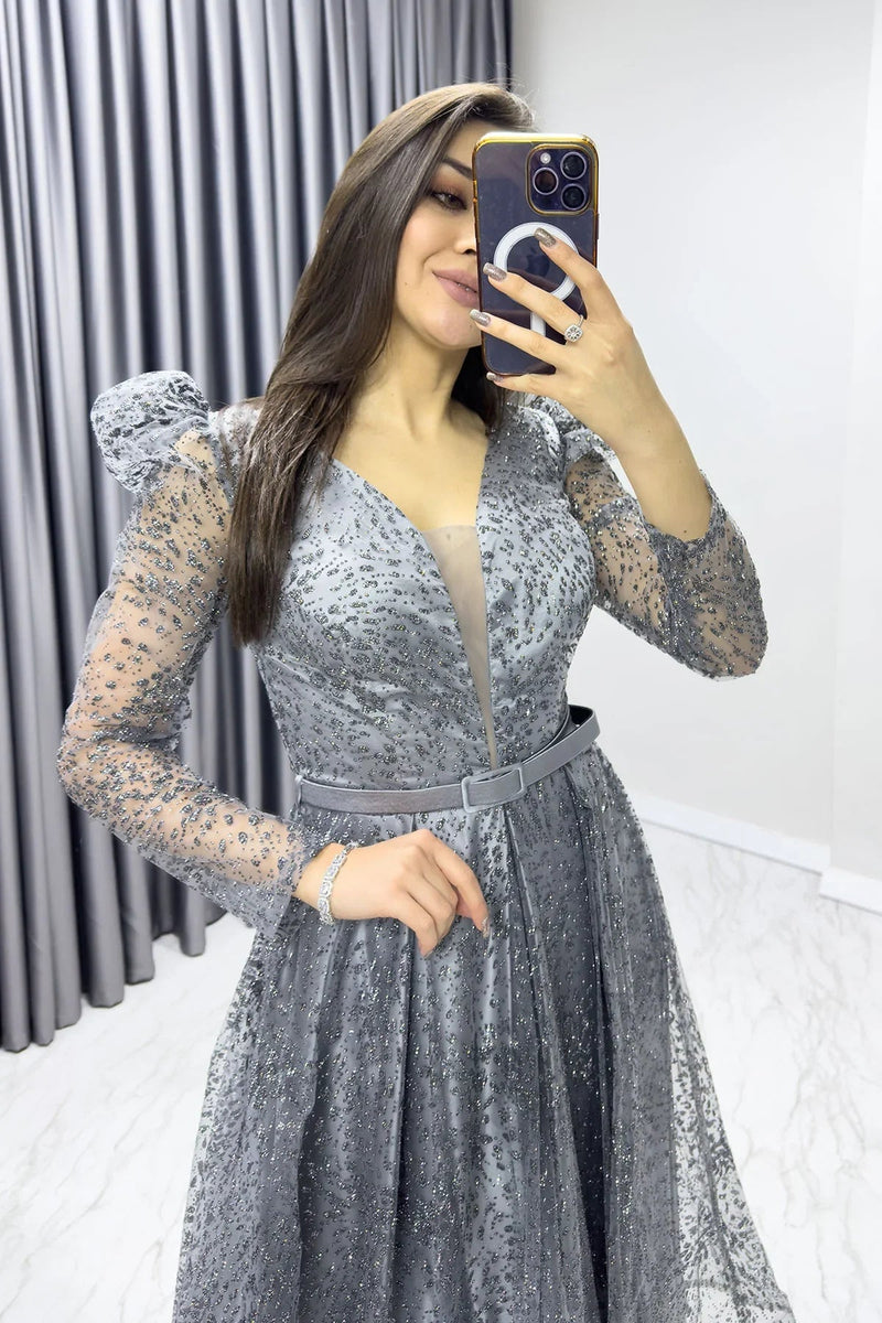 Women's Gray Gloplu Flared Belted Evening Gown