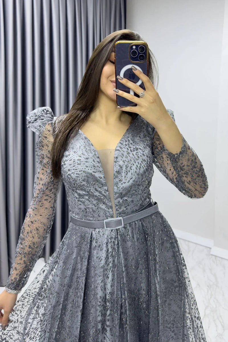 Women's Gray Gloplu Flared Belted Evening Gown