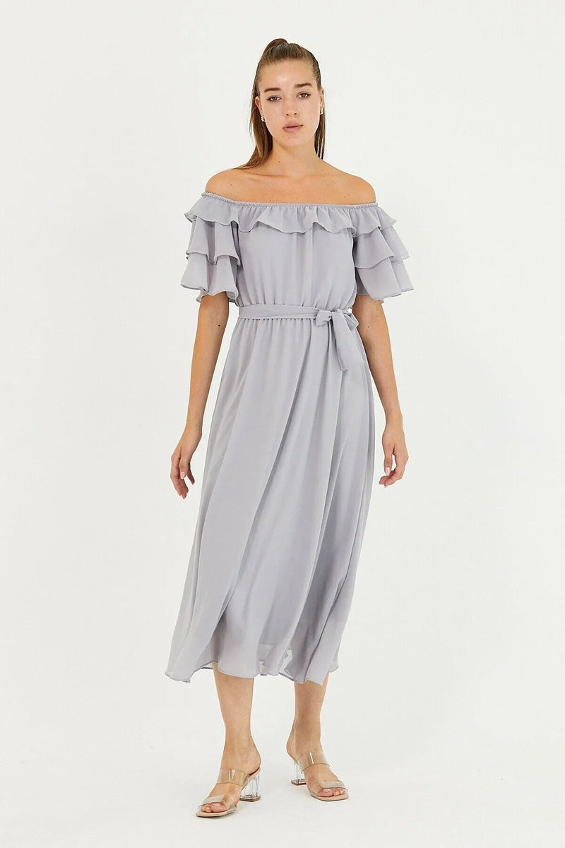 Women's Gray Ruffled Madonna Collar Plus Size Chiffon Dress