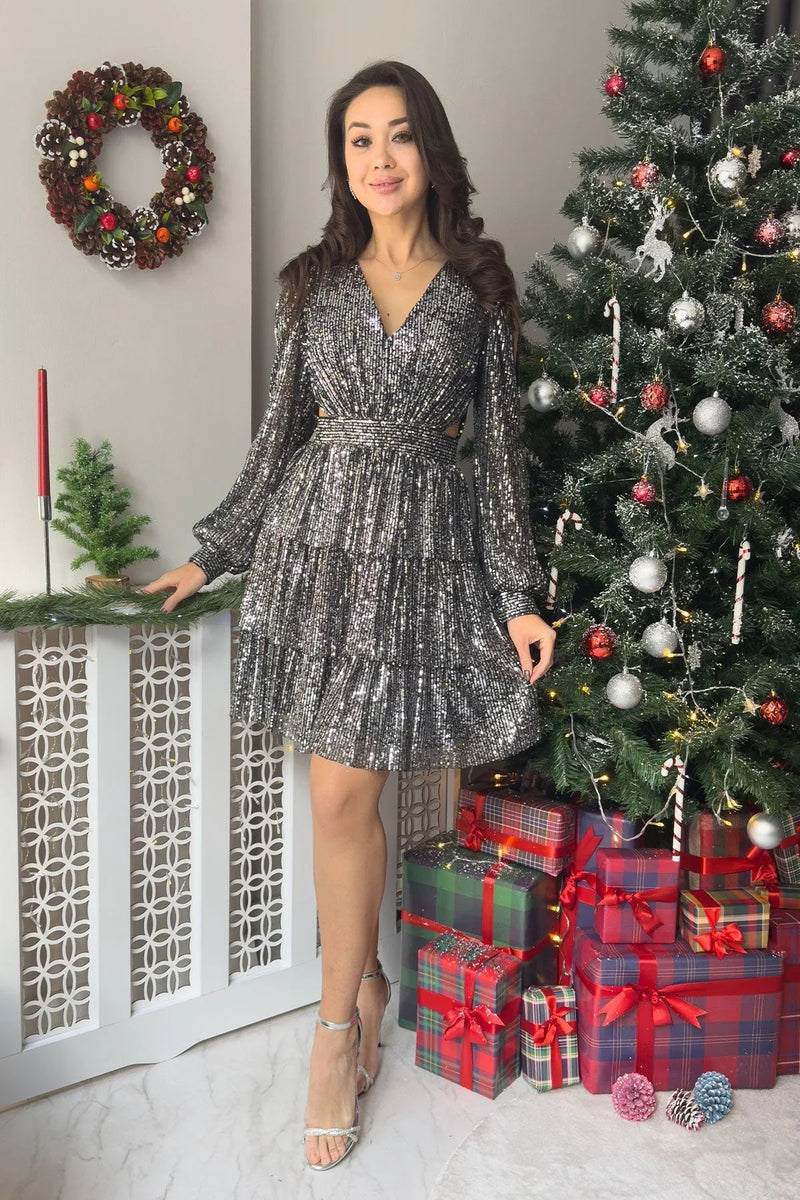 Women's Silver Sequin Open Back Mini After Evening Gown - the ZKS