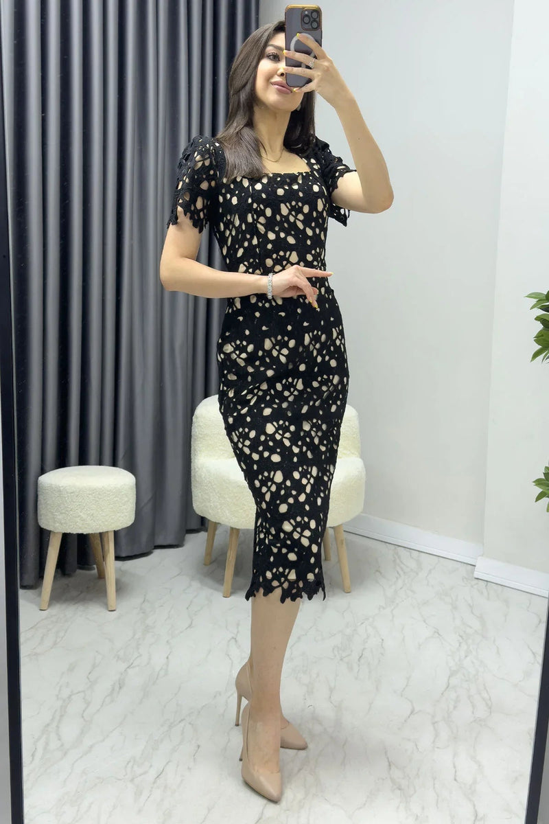 Women's Black Güpür Detail Short Sleevelu Dress