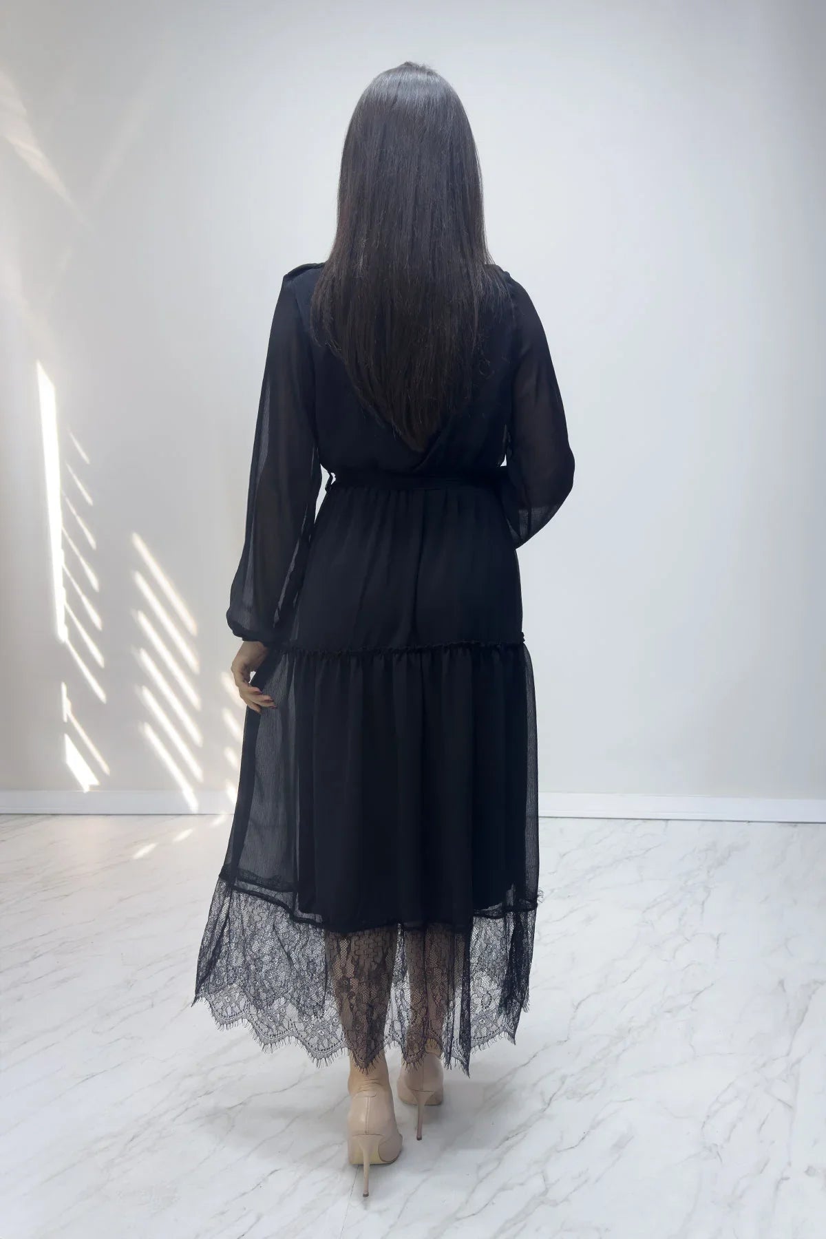 Women's Black Wrap Guipure Neck Chiffon Plus Size Dress