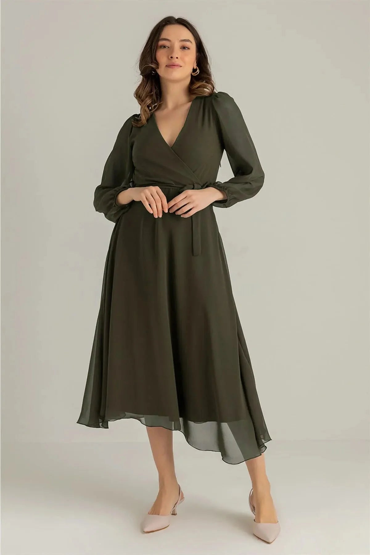 Women's Khaki Balloon Sleeve Wrap Midi Chiffon Dress