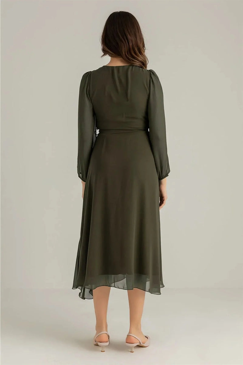 Women's Khaki Balloon Sleeve Wrap Midi Chiffon Dress