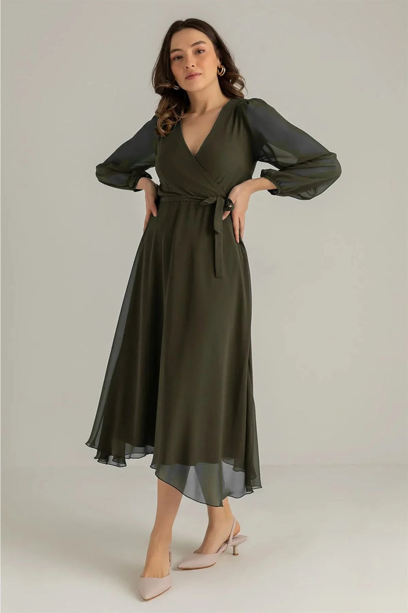 Women's Khaki Balloon Sleeve Wrap Midi Chiffon Dress