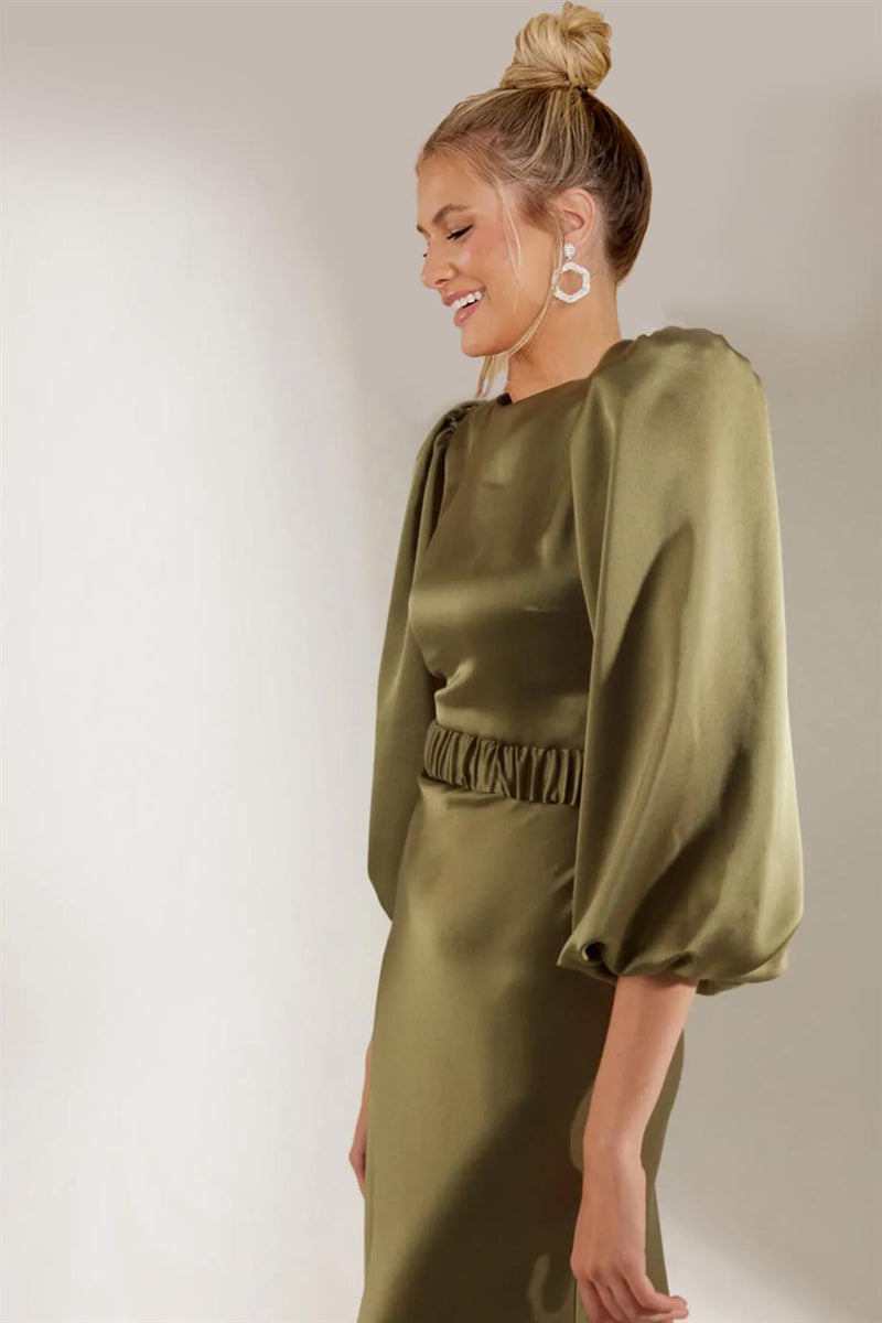 Women's Khaki Belted Balloon Sleeve Midi Satin Plus Size Evening Gown