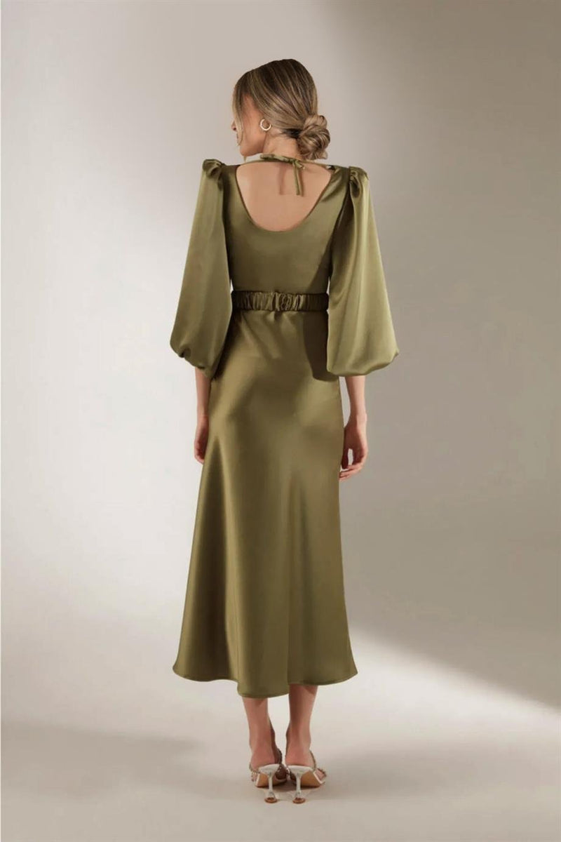 Women's Khaki Belted Balloon Sleeve Midi Satin Plus Size Evening Gown