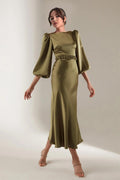 Khaki Belted Balloon Sleeve Midi Satin Plus Size Evening Dress