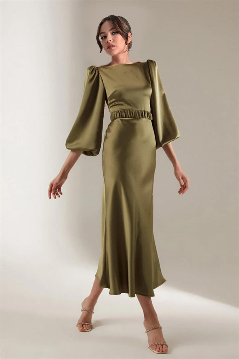Women's Khaki Belted Balloon Sleeve Midi Satin Plus Size Evening Gown
