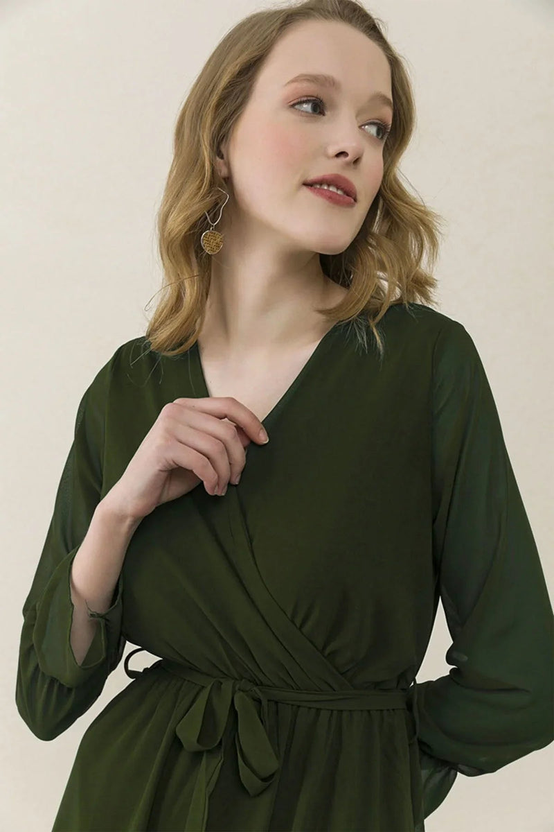 Women's Khaki Wrap Neck Chiffon Plus Size Short Dress