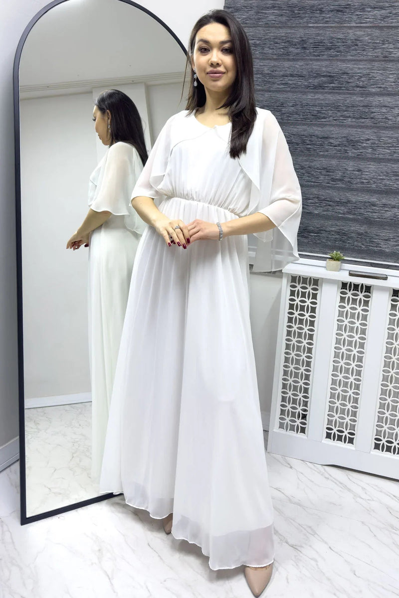 Women's White Chiffon Pelerin Dress