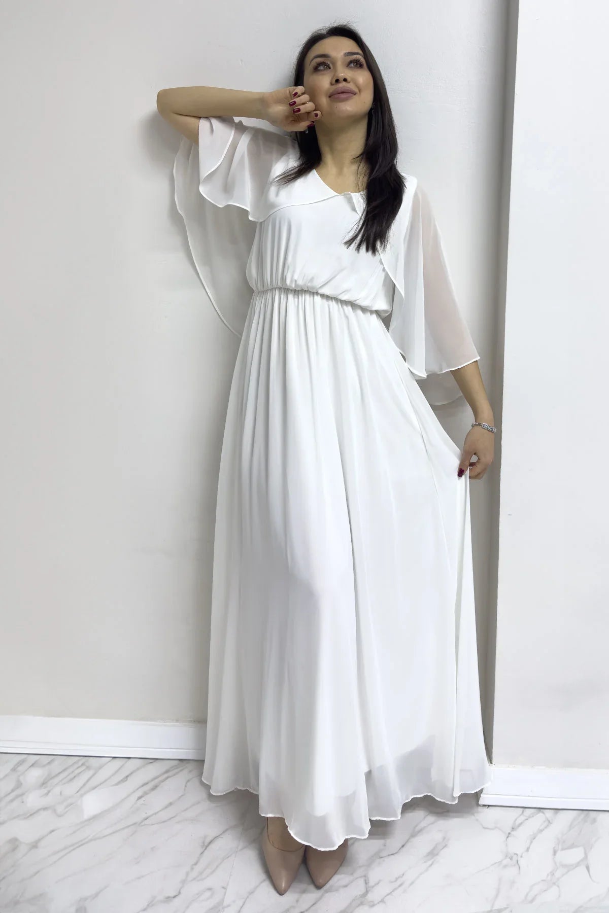 Women's White Chiffon Pelerin Dress