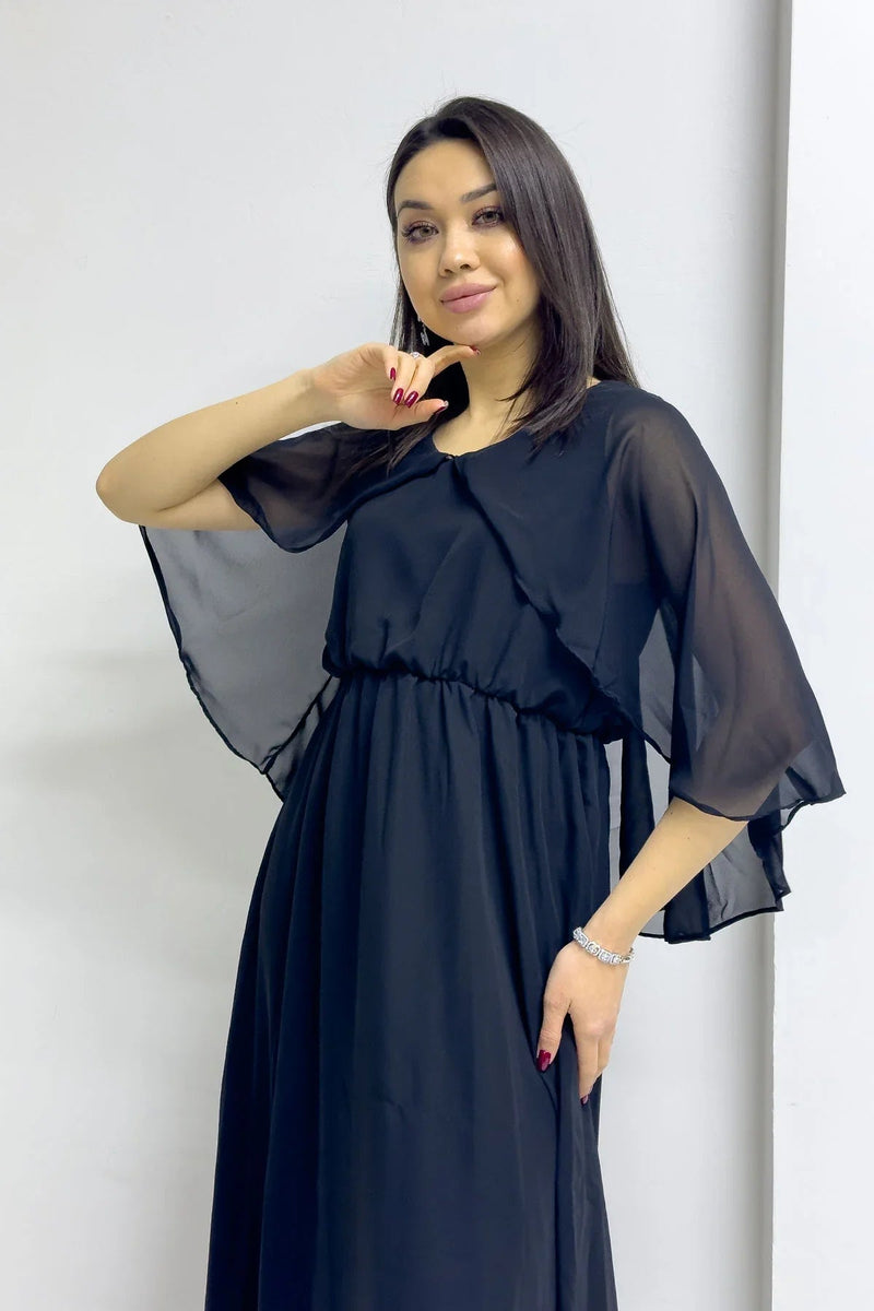 Women's Black Chiffon Pelerin Dress