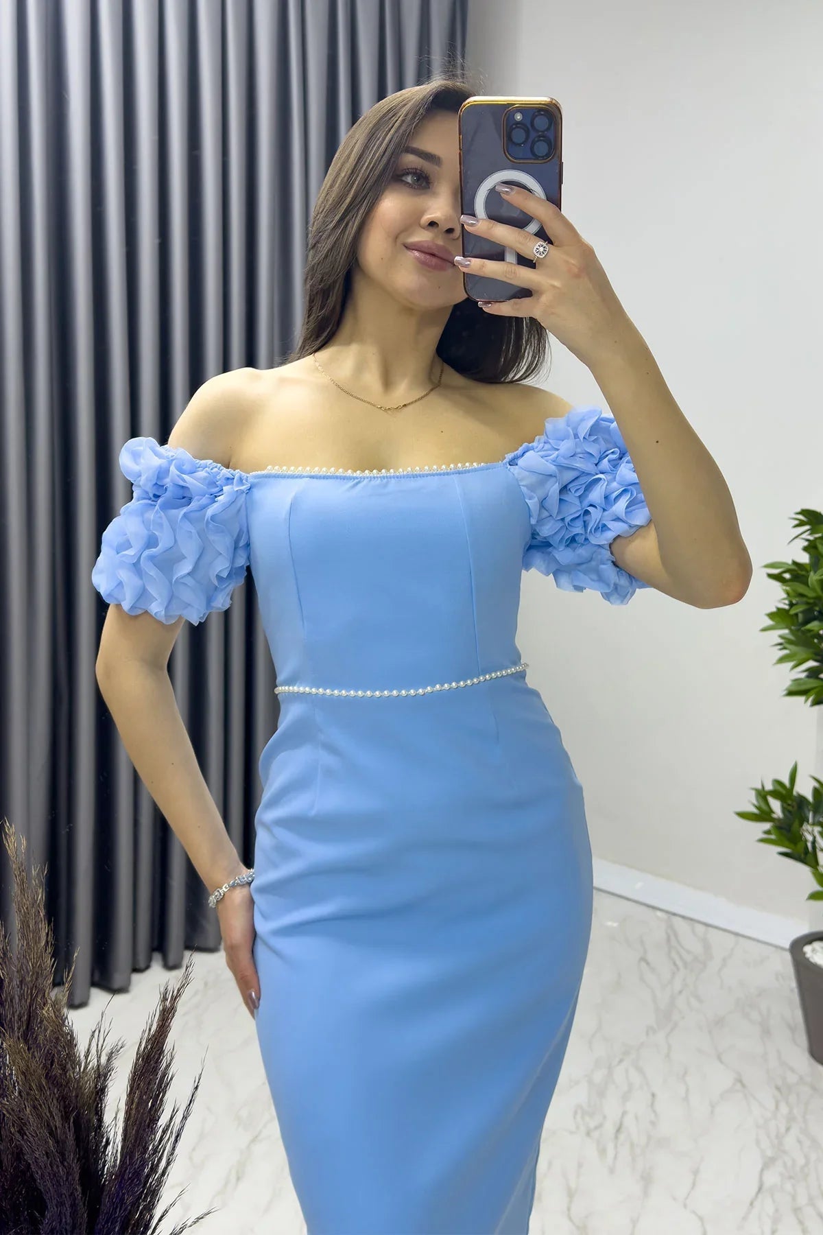 Women's Baby Bluesi İnci detay Pencil Prenses Sleeve Tasarım Dress