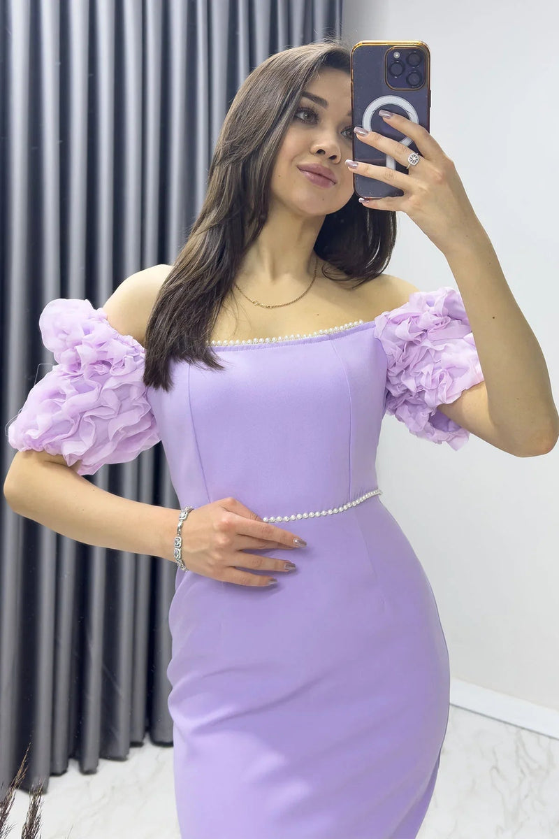 Women's Lilac İnci detay Pencil Prenses Sleeve Tasarım Dress
