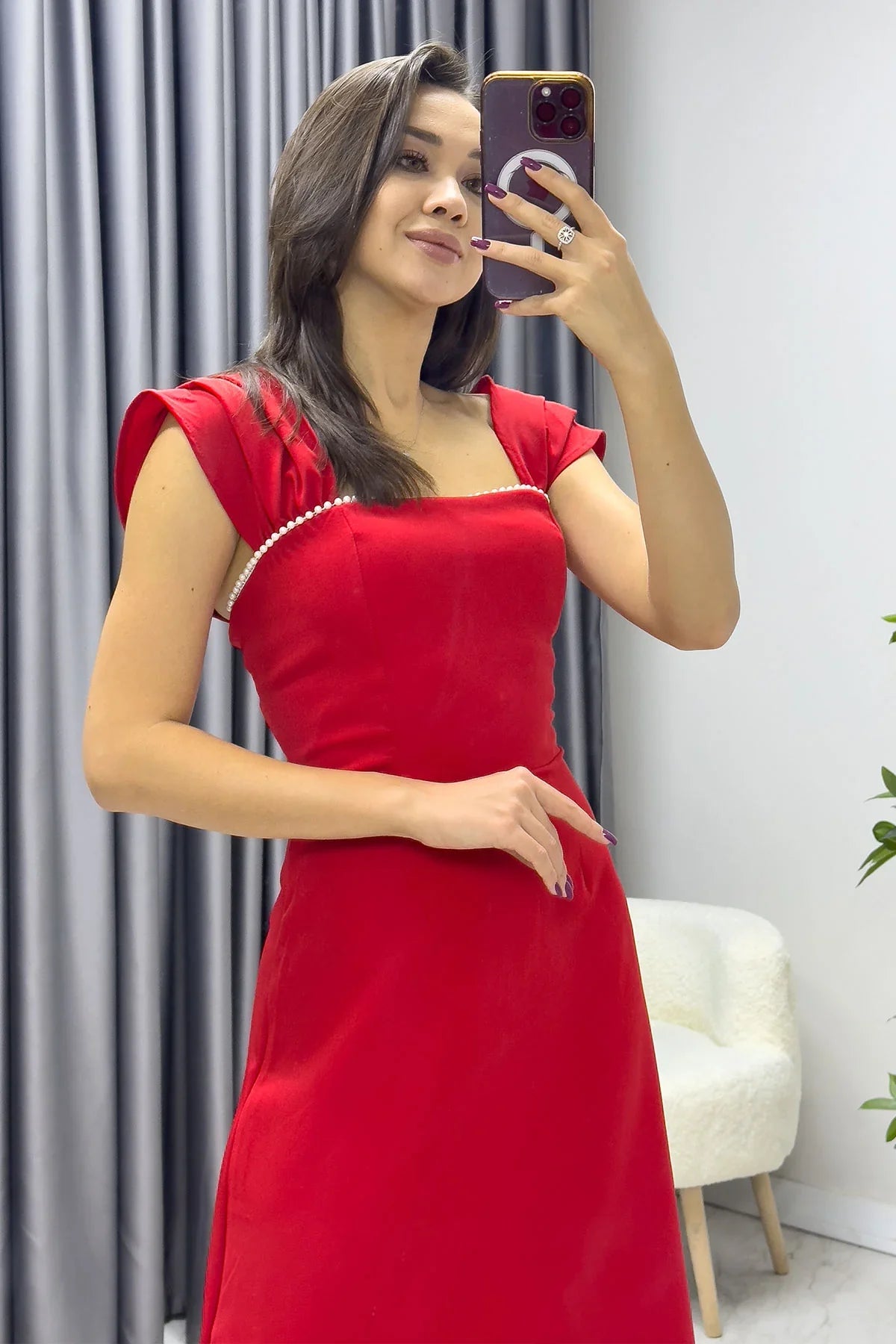 Women's Red Flared İnci Detail Dress