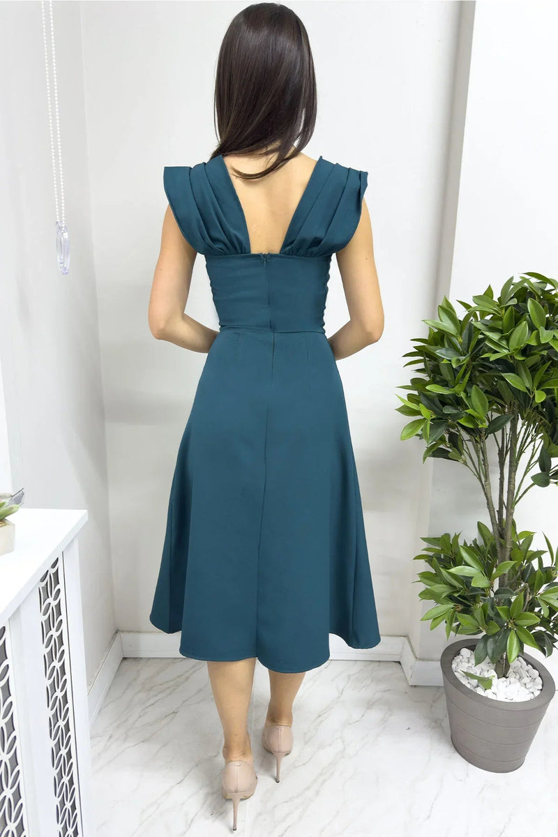Women's Emerald Green Flared İnci Detail Dress