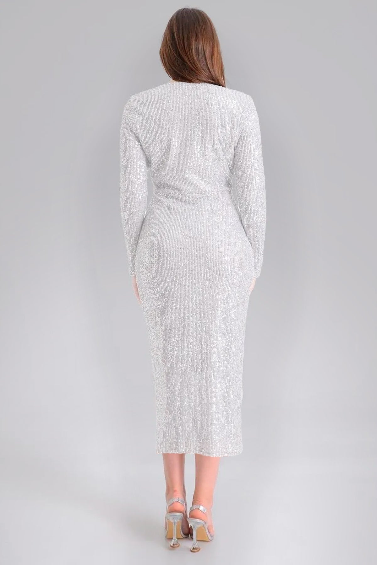 Women's White Wrap Neck Sequin Tasarım Plus Size Evening Gown