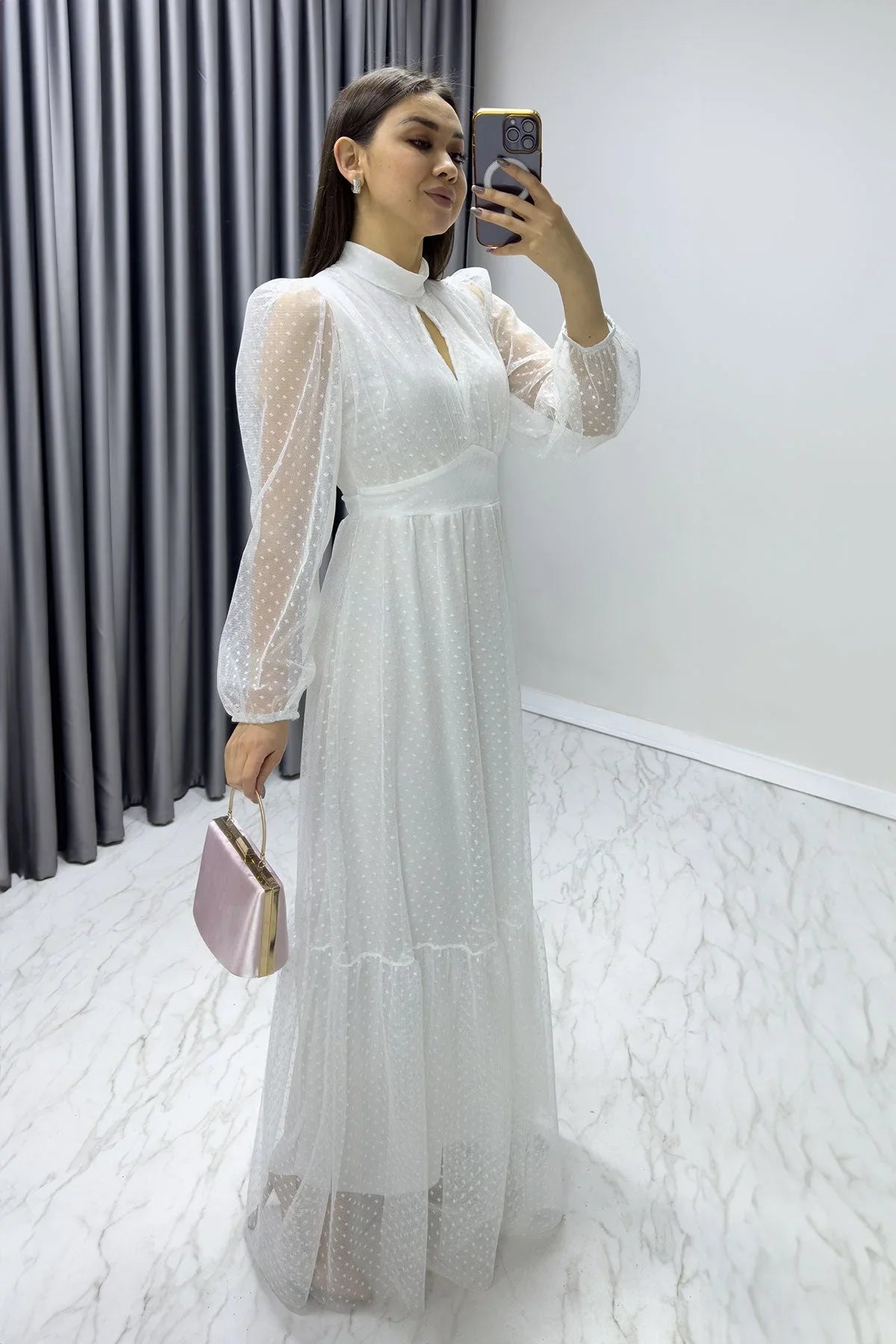 Women's White Puantiyeli Plus Size Dress