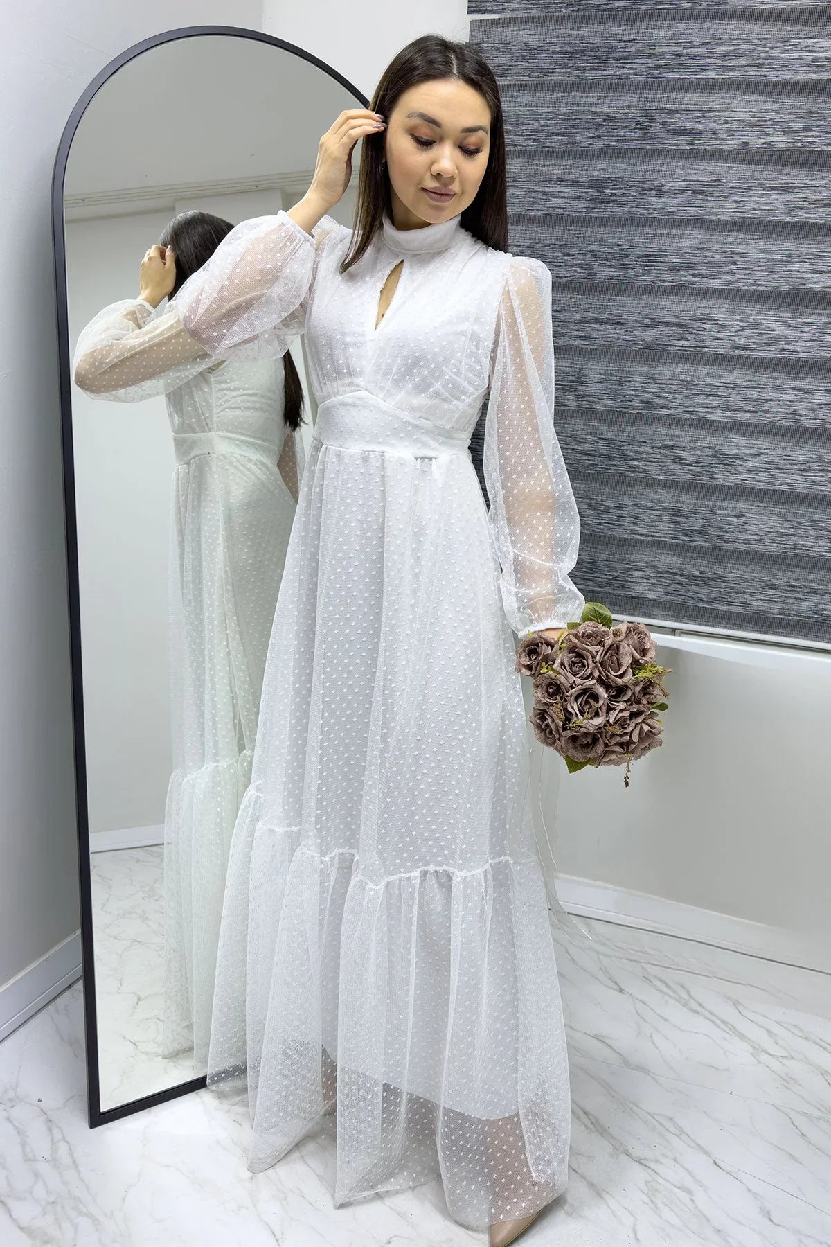 Women's White Puantiyeli Plus Size Dress