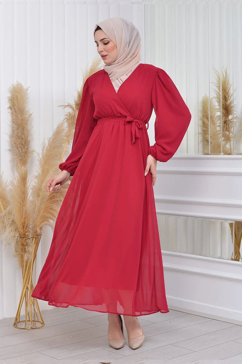 Women's Burgundy Tesettür Lined Plus Size Chiffon Dress