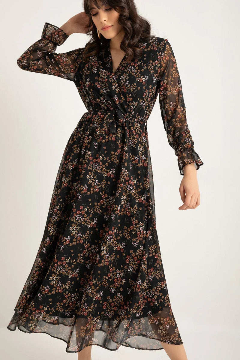Women's Patterned Wrap Neck Chiffon Dress