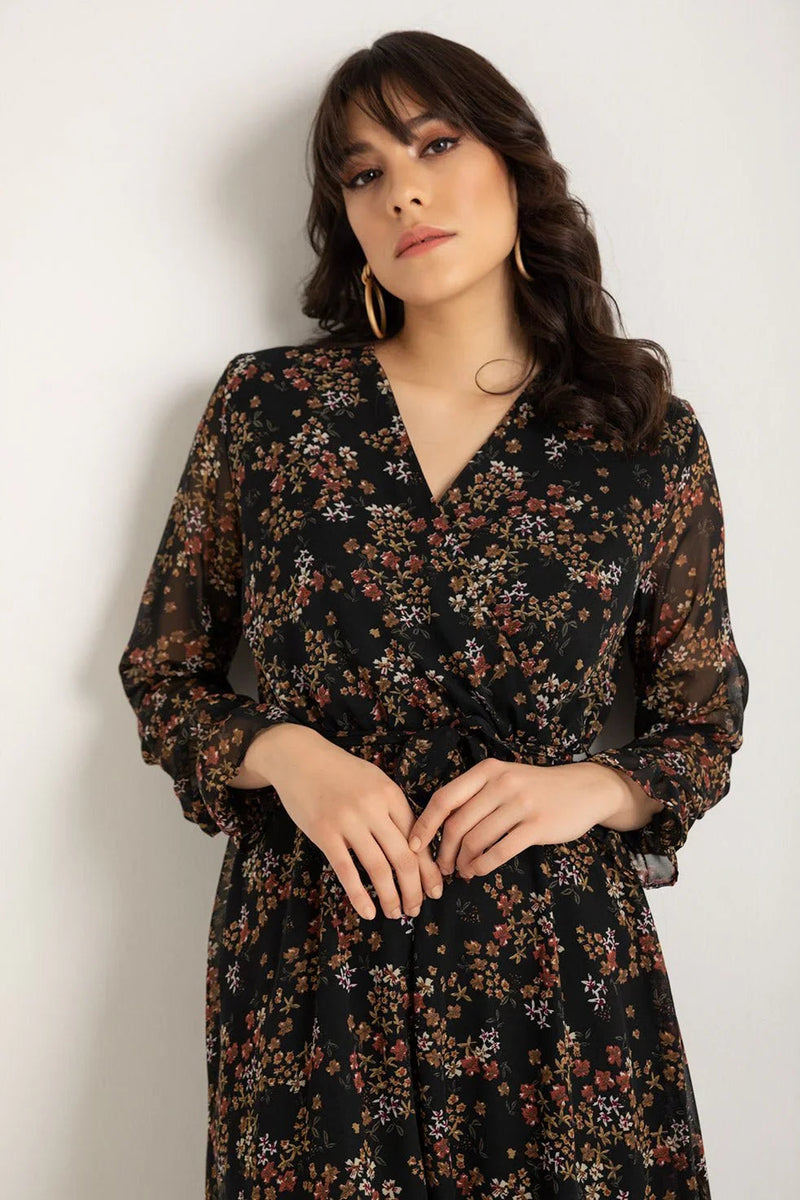 Women's Patterned Wrap Neck Chiffon Dress