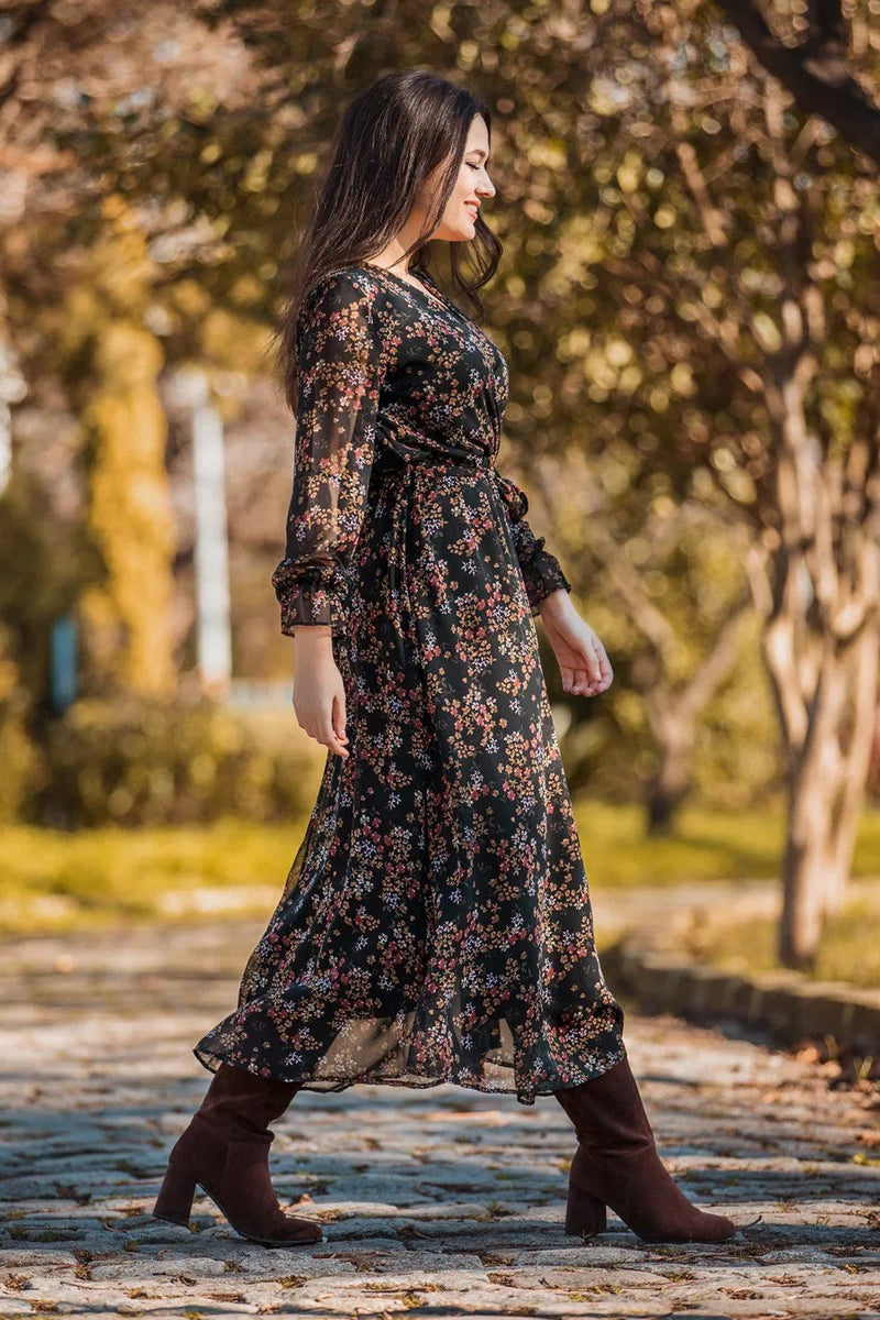 Women's Patterned Wrap Neck Chiffon Dress