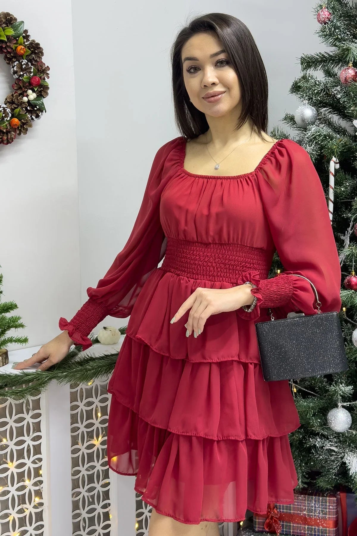 Women's Red Long Sleevelu Gipeli Ruffle Skirt Chiffon Dress - the ZKS