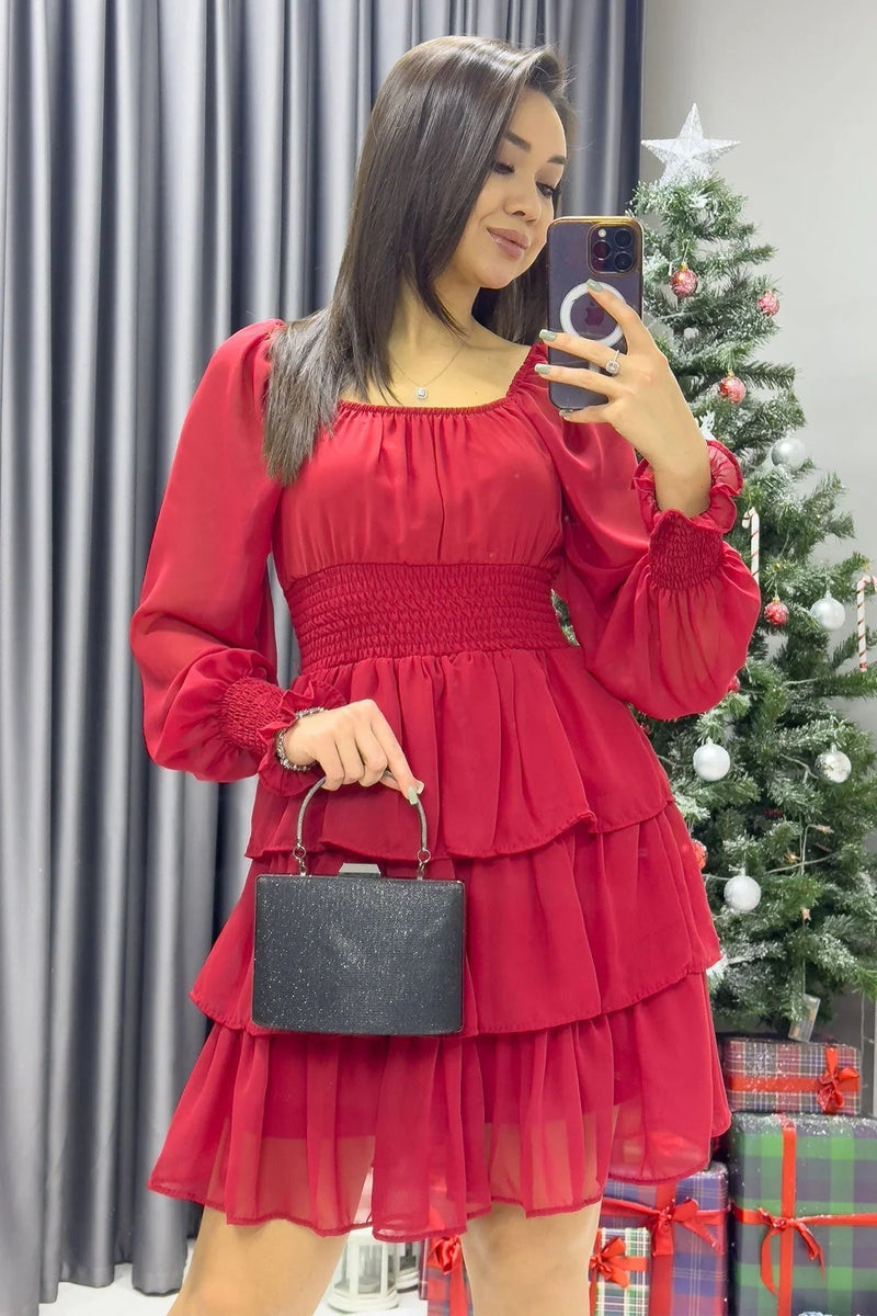 Women's Red Long Sleevelu Gipeli Ruffle Skirt Chiffon Dress - the ZKS