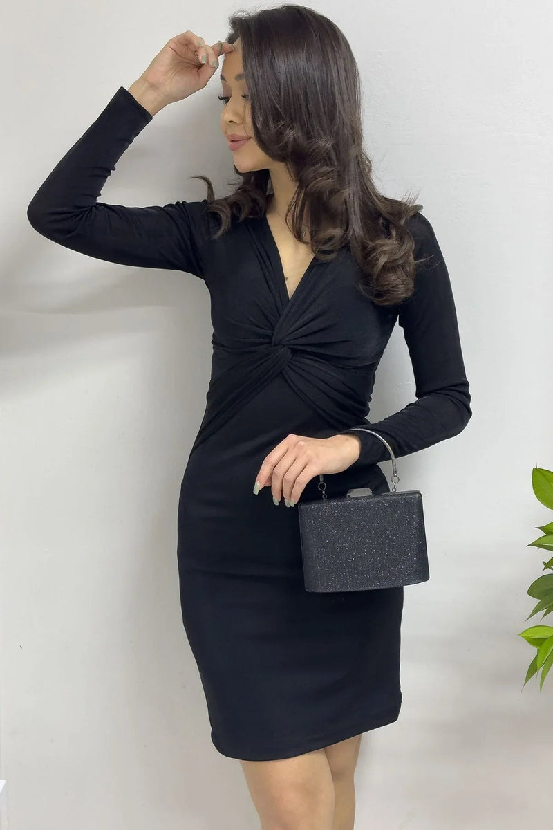 Women's Short Black Wrap Neck Ön Büzgü Detail Long Sleeve Dress - the ZKS