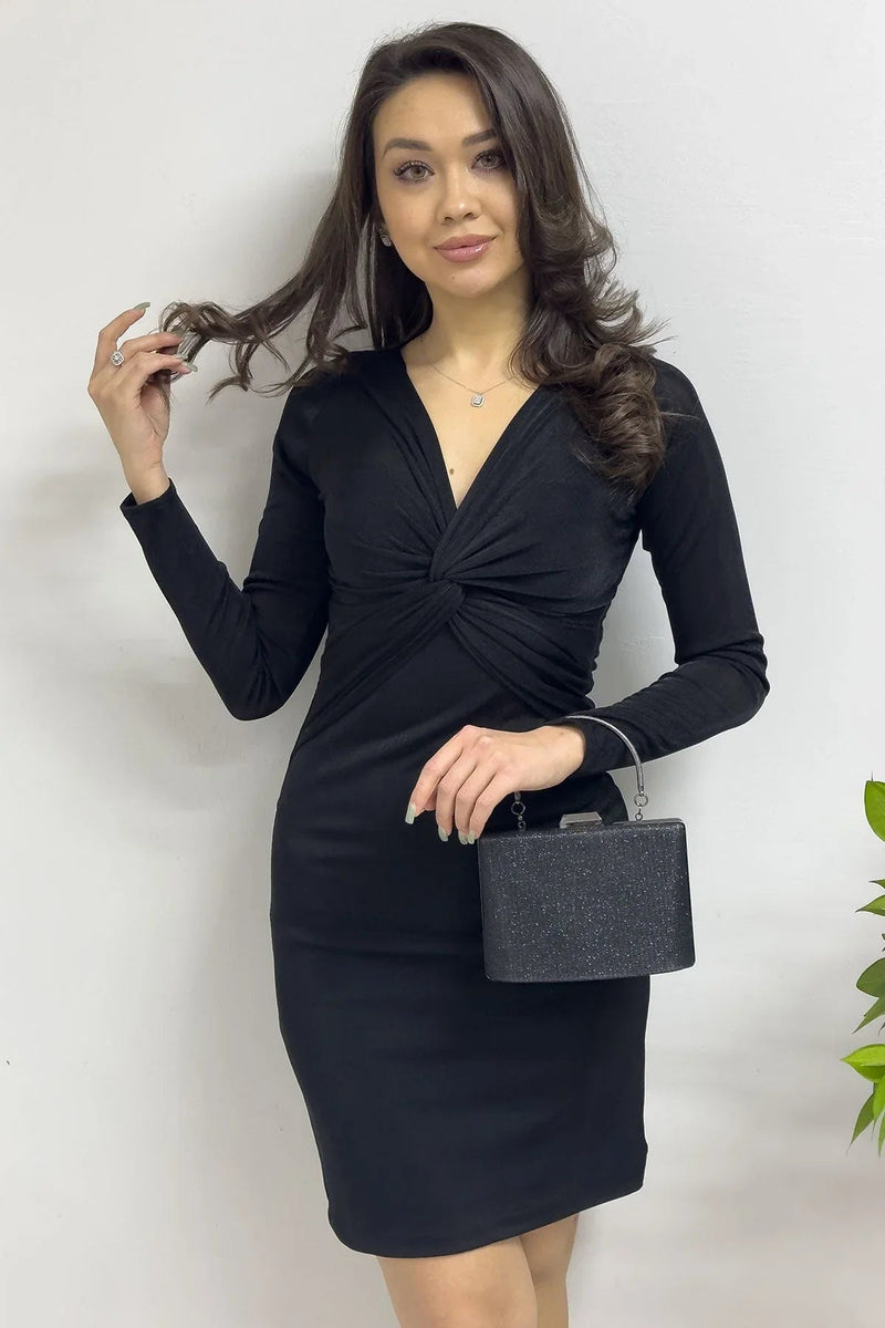 Women's Short Black Wrap Neck Ön Büzgü Detail Long Sleeve Dress - the ZKS