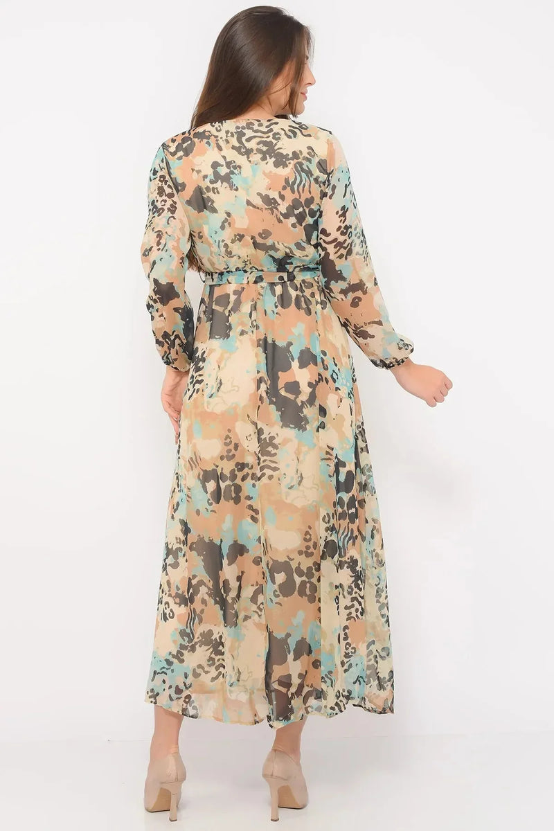 Women's Krem Batik Wrap Neck Chiffon Dress