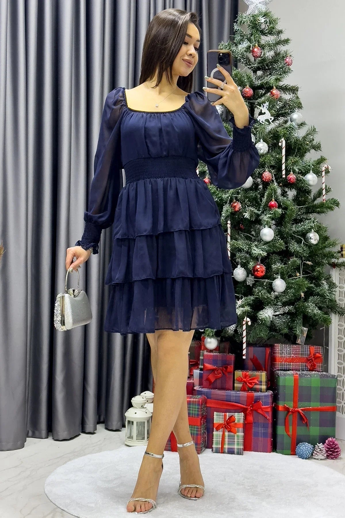 Women's Navy Blue Long Sleevelu Gipeli Ruffle Skirt Chiffon Dress - the ZKS