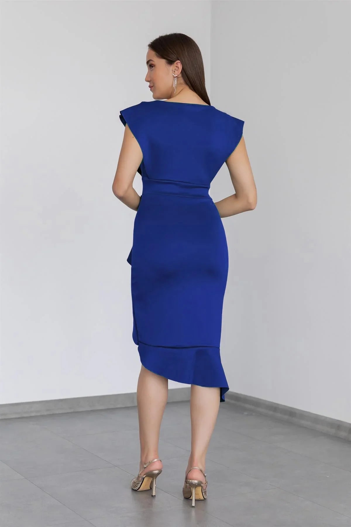 Women's Midi Sleeveless Ruffle Skirt Tasarım Plus Size Dress-Saxe