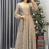 Mocha Mousse Beige Midi Lace Dress