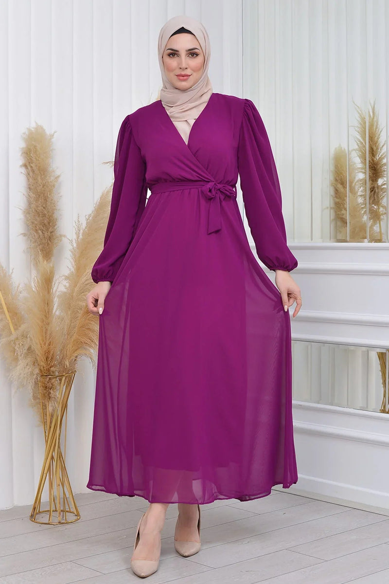 Women's Plum Tesettür Lined Plus Size Chiffon Dress