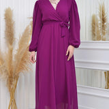Plum Cross-Over Neck Midi Length Chiffon Dress
