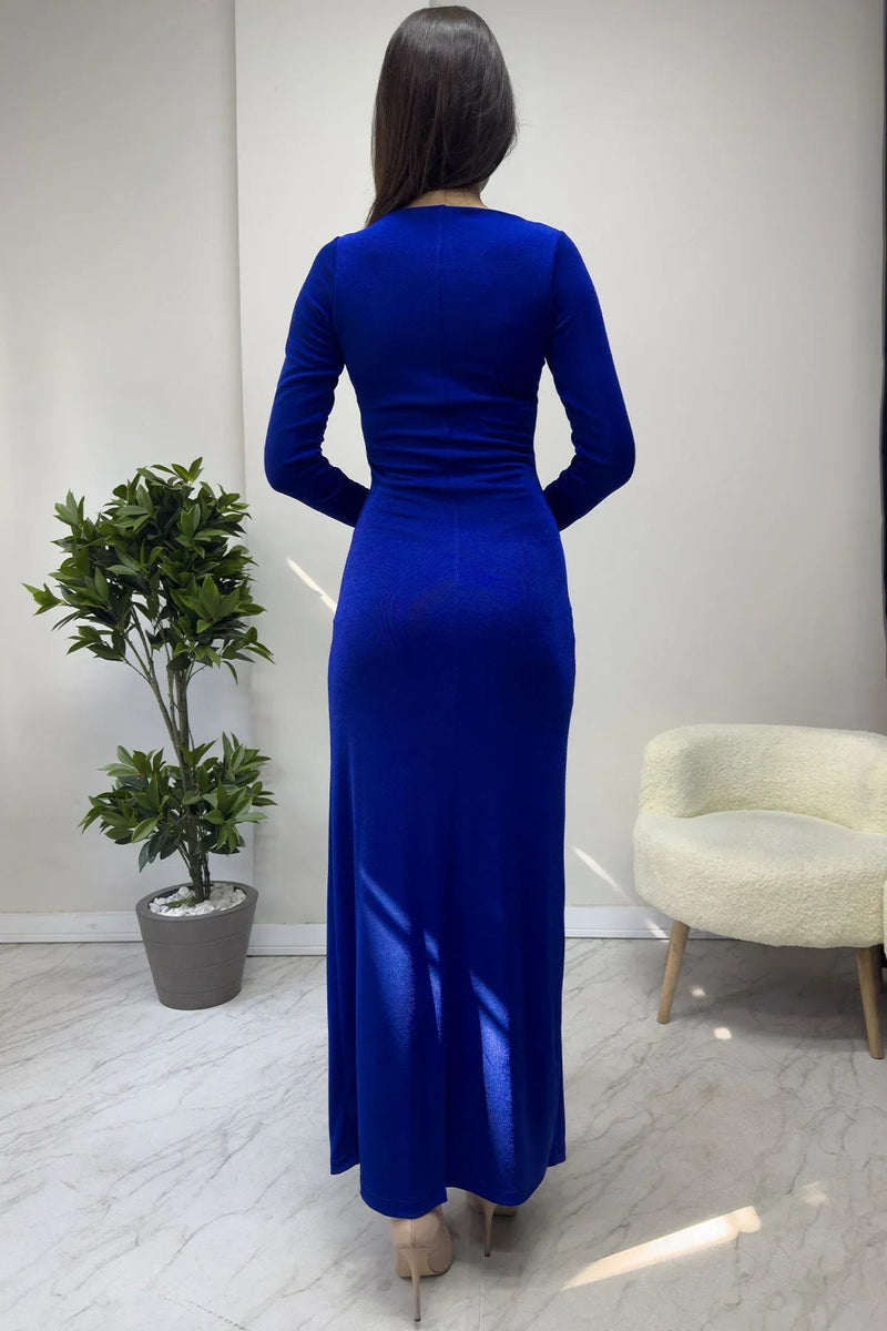 Women's Saxe Wrap Neck Ön Büzgü Detail Long Sleeve Dress - the ZKS