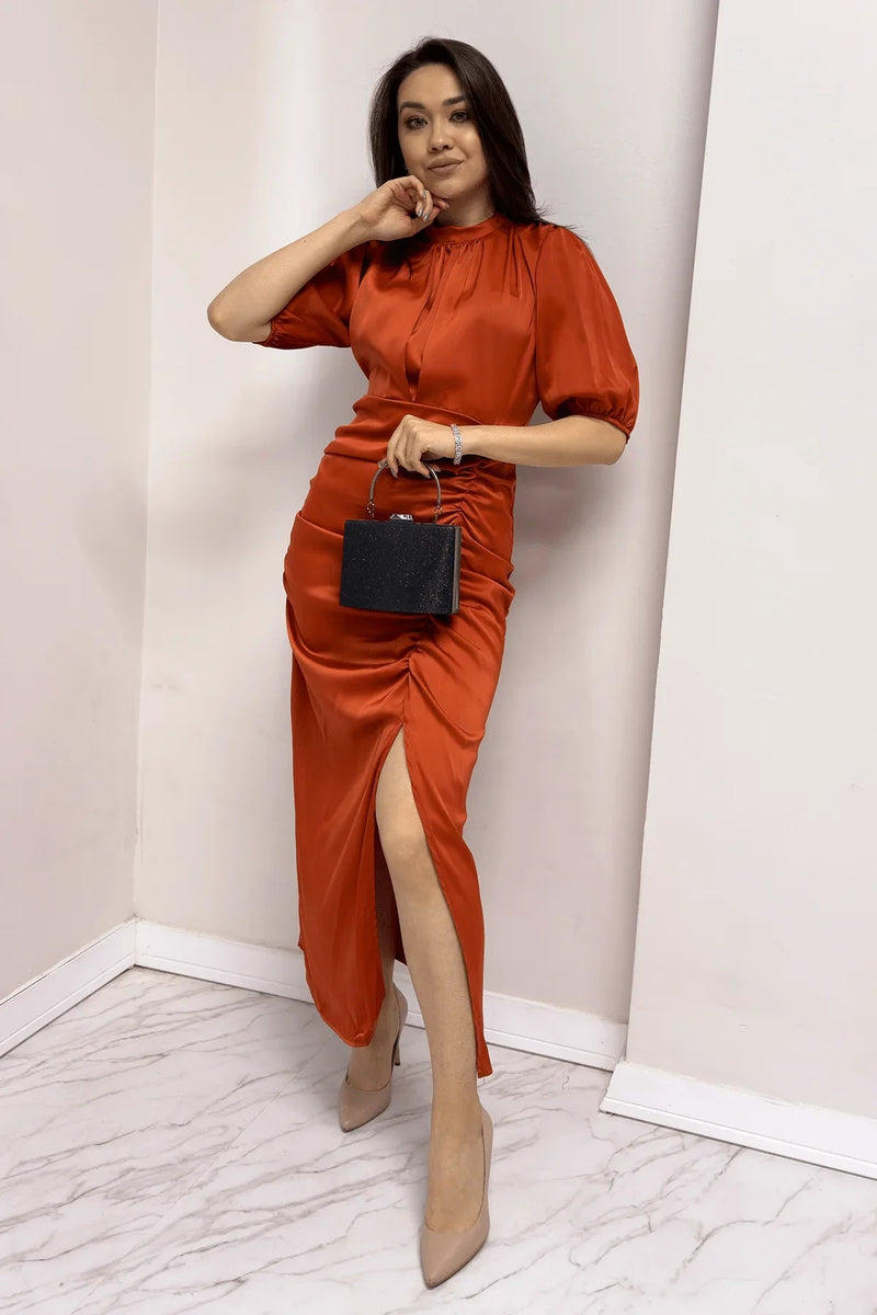 Women's Satin Balloon Sleeve Draped Yırtmaç Detail Evening Gown-Terracotta