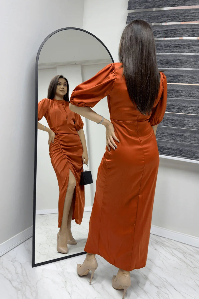 Women's Satin Balloon Sleeve Draped Yırtmaç Detail Evening Gown-Terracotta