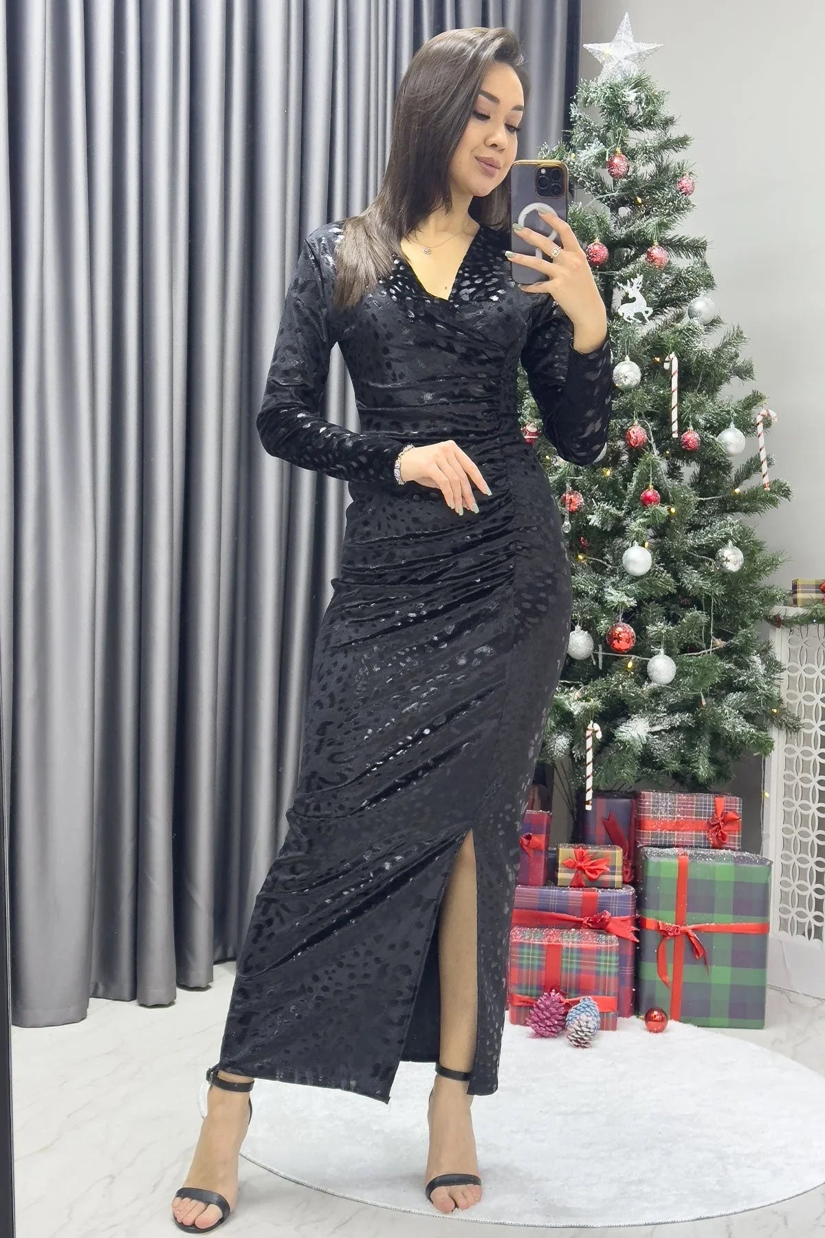 Women's Black Draped Velvet Midi Pencil Dress - the ZKS