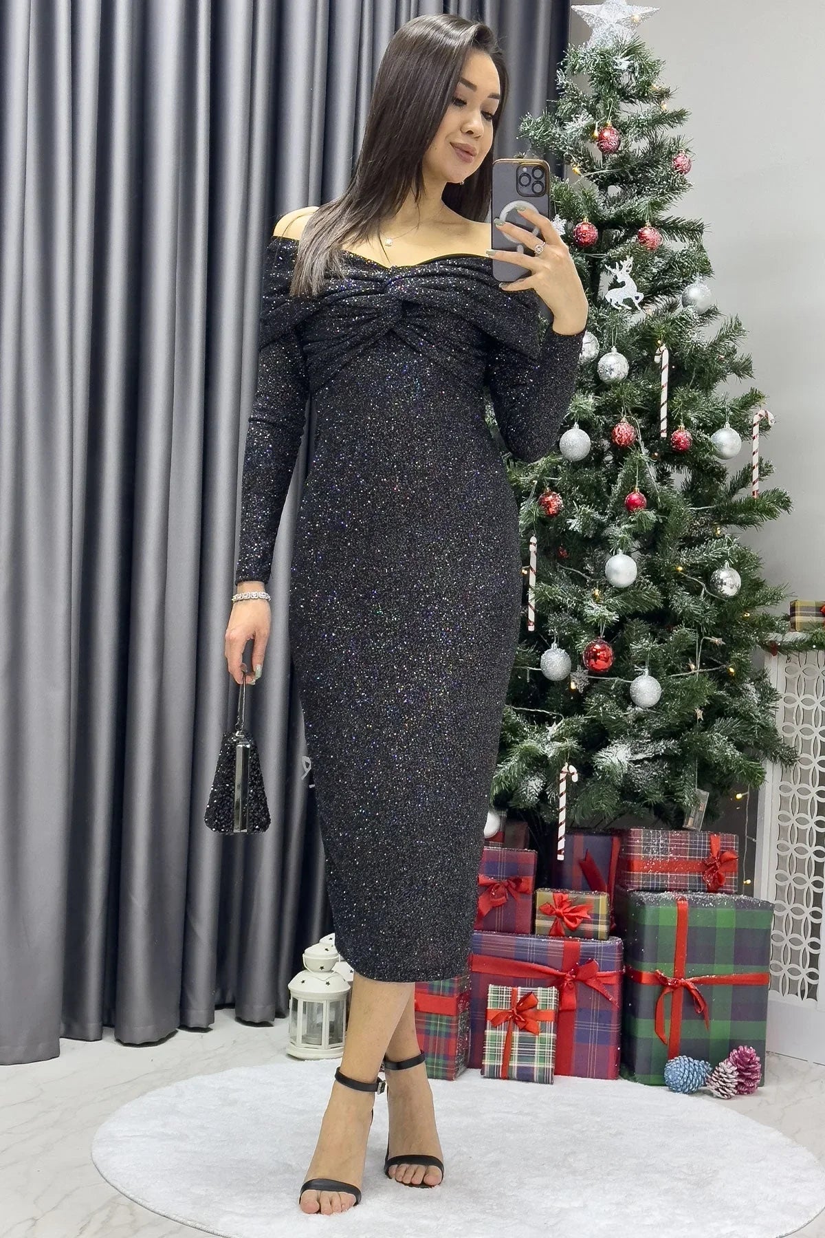 Women's Black Madonna Collar Midi Glitter Dress - the ZKS